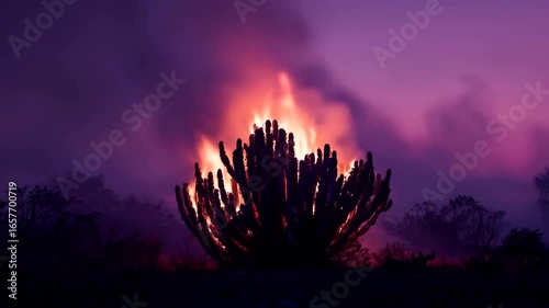 Fiery silhouette of a spiky plant engulfed in flames at dusk.