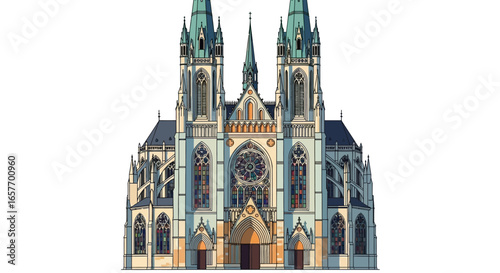 Stylized Architectural Rendering Depicting a Grand Cathedral Facade with Towering Spires and Intricate Ornamentation