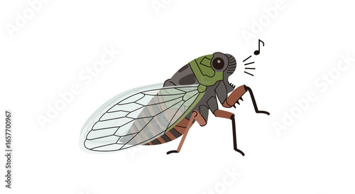 Animated Singing Cicada Isolated on White Background, Depicting Summer Sounds and Insect Life, perfect for educational content and nature