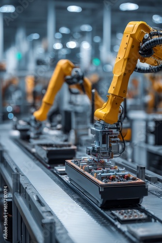 A development floor with robotic arms assembling prototypes A machine learning model is optimizing assembly sequences for efficiency The mood, Generative AI