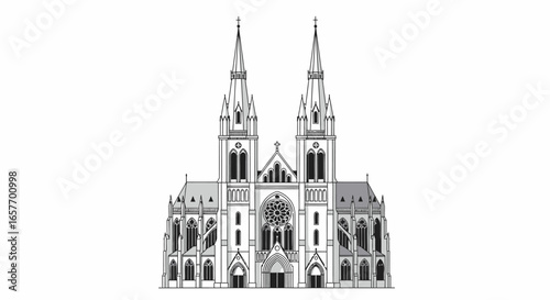 Detailed Monochrome Illustration of Gothic Architecture Cathedral with Twin Towers, showcasing a vector style perfect architectural design element