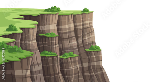 Cartoon Cliffs with Green Plateaus and Lush Vegetation, Perfect for Fantasy Landscapes, Detailed Layers of Soil and Rocks, with a Stylized and