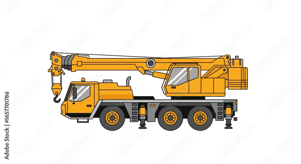 Obraz premium Illustration depicting a mobile crane utilized for construction, engineering or logistical operations featuring a boom and hook system for lifting
