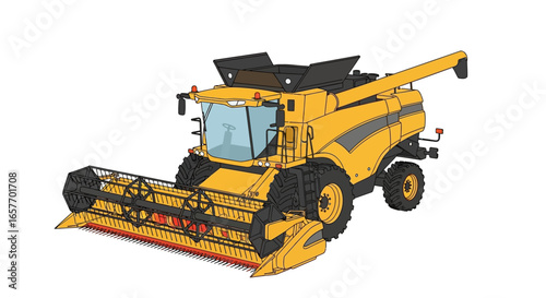 Detailed Illustration of a Yellow Combine Harvester for Modern Agriculture and Farming Operations showcasing advanced machinery and rural
