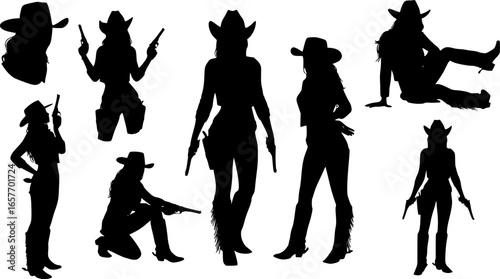 Set of silhouettes cowgirl wearing cowboy hat, leather clothing and boots, the digital art vector is featuring cowboy life in wild west town.
