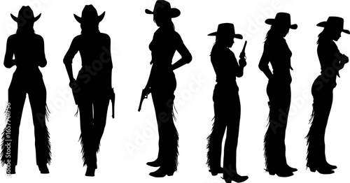 Set of silhouettes cowgirl wearing cowboy hat, leather clothing and boots, the digital art vector is featuring cowboy life in wild west town.
