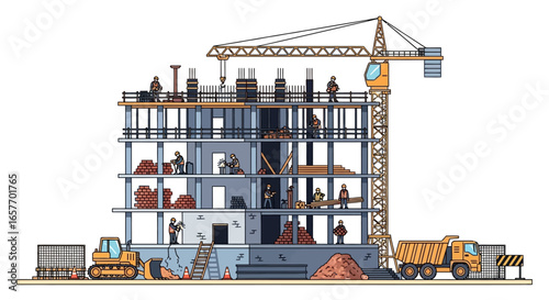 Animated architectural construction illustration of a building under construction with workers and machinery creating a modern urban cityscape