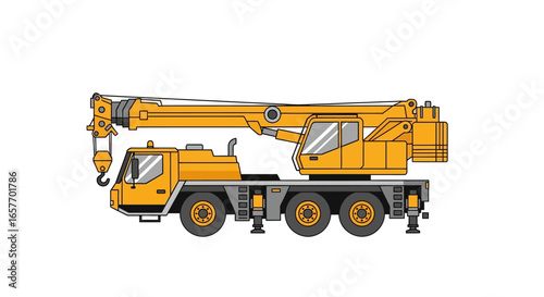 Illustration depicting a mobile crane utilized for construction, engineering or logistical operations featuring a boom and hook system for lifting