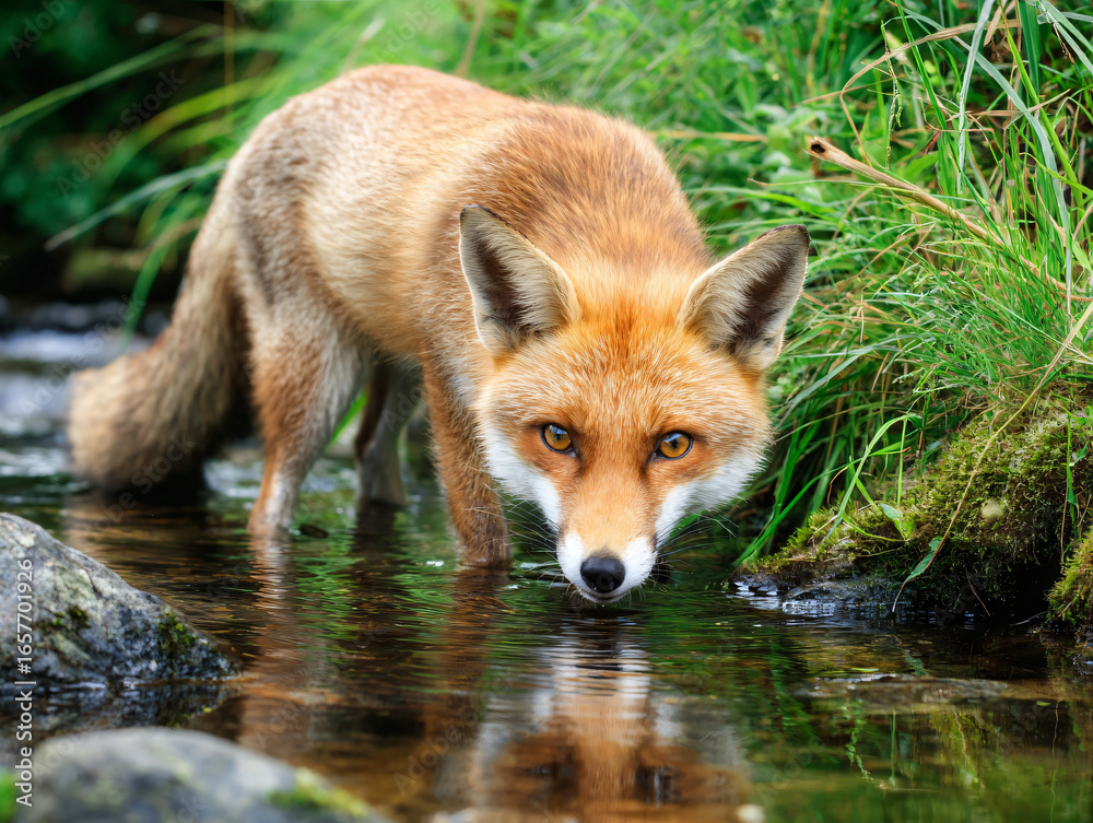 Fototapeta premium Wildlife Photography Fox Animal Nature River Stream Cute Colorful Brown Fur Eyes Ears Tail Wild Predator Forest Environment Seeking Hunting Foraging Solitary Wildlife Art