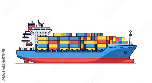 Vivid illustration depicting a container ship loaded with colorful cargo units on a white background, a concept for global maritime commerce