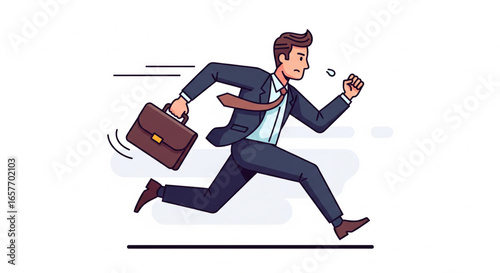 A businessman in a dark suit is running urgently, carrying a briefcase.