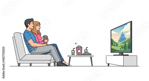 Cartoon illustration depicting a couple enjoying a movie night at home with snacks and an animated castle on the television screen