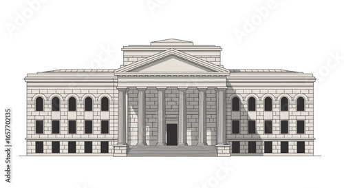 Architectural rendering featuring a classical building design with grand columns and symmetrical facade, evoking history
