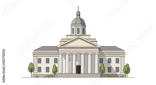 Stylized depiction of a governmental edifice with classical architectural elements showcasing balanced and symmetric design evoking a sense of