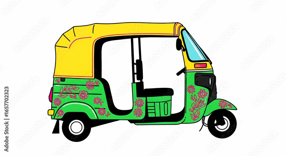 Fototapeta premium Vibrant Indian Auto Rickshaw Illustration with Floral Design