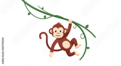 Playful Cartoon Monkey Swinging on a Vine, Vector Illustration, Cheerful and Simplistic Design, Isolated on White Background