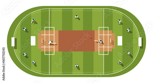 Overhead depiction of a cricket match featuring players on a green field and minimalistic design capturing the essence of the sport