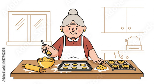 An elderly woman is baking cookies in a kitchen, placing dough on a baking sheet.