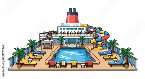 Whimsical cruise ship illustration with pool deck, waterslide and lounge chairs capturing the essence of sea travel and vacation escape