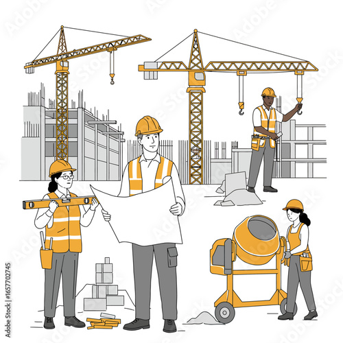 A diverse team of skilled construction workers and engineers collaborate on a bustling building site, overseeing progress and managing essential tasks with precision.