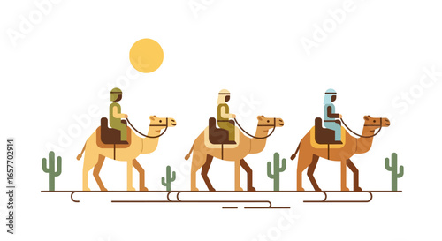 Desert Caravan Trek: A Journey Through Sands under the sun with a line of camels and people minimal design, symbolizing travel and adventure