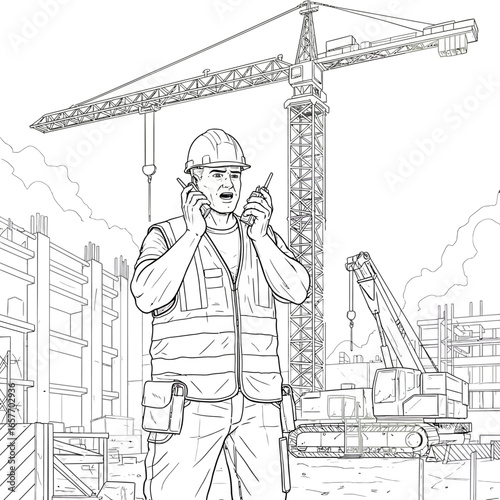 A diligent construction worker communicates vital information using both a walkie-talkie and a mobile phone on a busy building site, overseeing progress.