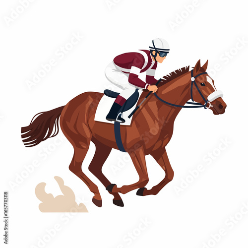 Jockey and thoroughbred horse racing at full speed, dust flying.