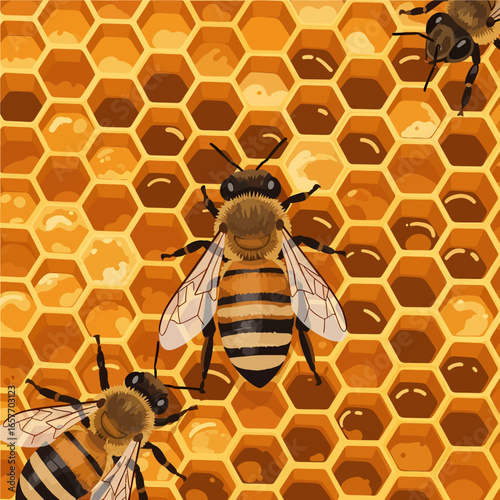 Close-up illustration of three fuzzy bees with striped bodies and translucent wings, actively working within a golden honeycomb structure filled with glistening nectar.