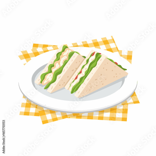 Two triangular sandwiches with fillings, served on a white plate over a yellow checkered napkin.