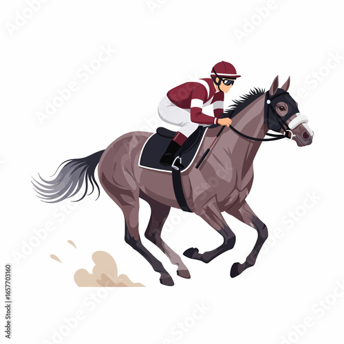A jockey in racing attire astride a galloping horse, kicking up dust.