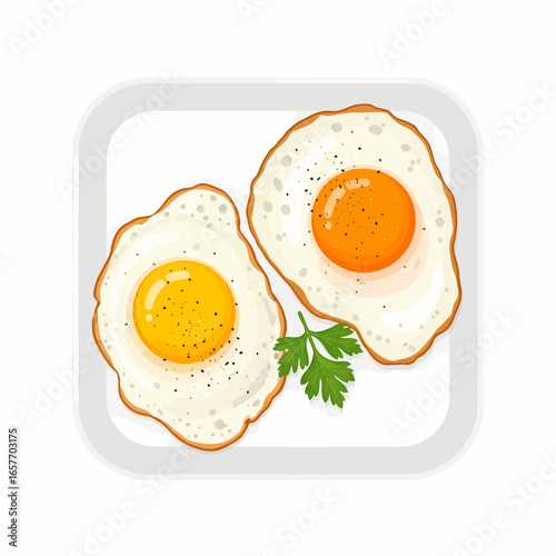 Two sunny-side up fried eggs seasoned with pepper and garnished with parsley on a white plate.
