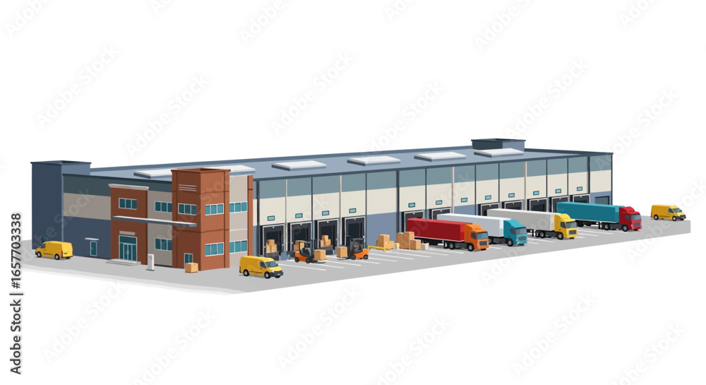 Naklejka premium Efficient Logistics Hub: Streamlined Distribution with Modern Architecture and Diverse Transportation Vehicles Presenting a Thriving Business