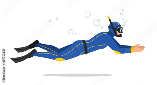Vibrant depiction of a scuba diver gracefully swimming underwater with a sleek blue wetsuit surrounded by rising bubbles creating a sense of