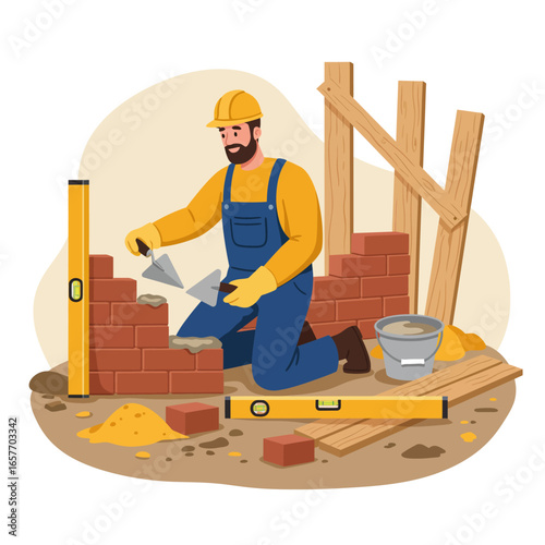 A skilled male bricklayer diligently constructs a sturdy red brick wall outdoors, showcasing professional craftsmanship and dedication to building.