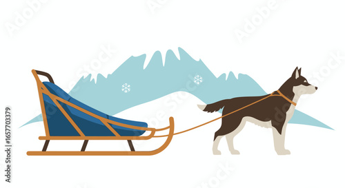 Husky leading a sled through a snowy landscape, illustration depicting an arctic expedition scene, mountain backdrop, vector design for winter