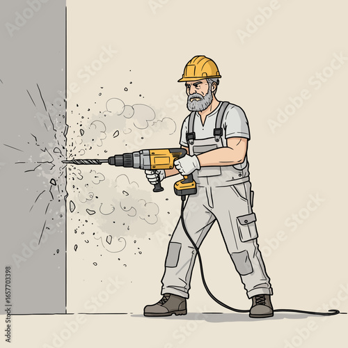 An experienced construction worker, wearing a protective hard hat and overalls, operates a powerful drill into a concrete wall, generating dust.