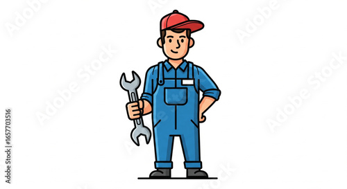 Cartoon illustration of a mechanic wearing overalls and a cap, holding a wrench.
