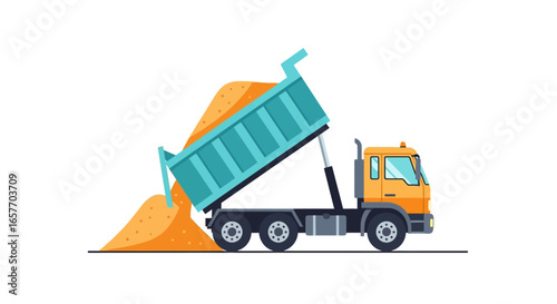 Colorful vector illustration showcasing a dump truck unloading sand with vibrant colors and simple design elements,isolated view