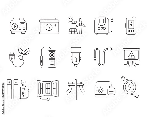 Set of devices you need in case of outage or blackout. Electrical equipment production and keeping energy. Collection of line icons