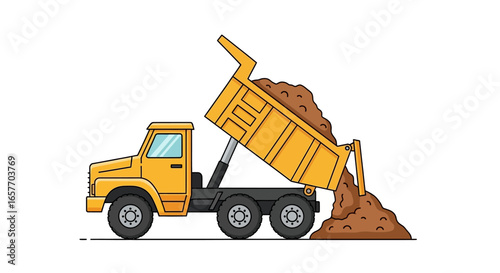 Cartoon illustration of a yellow dump truck unloading dirt with a clean minimal design aesthetic, construction vehicle unloading material at work