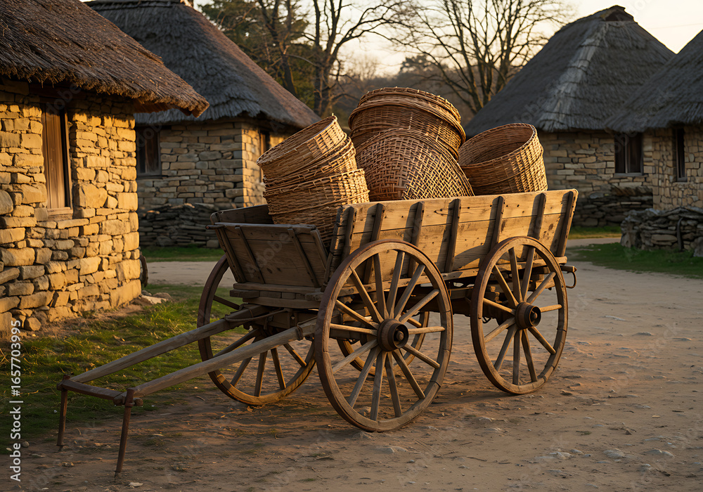 Obraz premium Old wooden cart with baskets in a traditional romanian village on a sunny day
