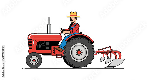 A Nostalgic Illustration of a Red Tractor with a Farmer Plowing Fields Symbolizing Agricultural Work and Farm Life Nostalgia