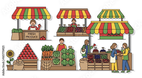 Vibrant farmer's market illustration showcasing fresh produce and community engagement in a lively agricultural setting