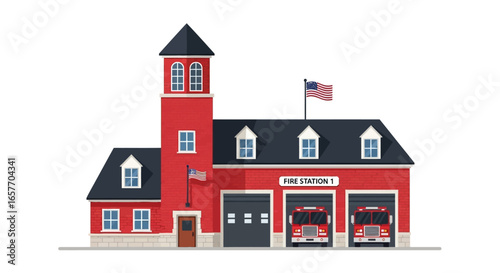 Stylized depiction of a traditional red brick fire station featuring classic architectural elements and emergency apparatus meticulously rendered