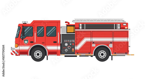 Detailed digital illustration showcasing a meticulously designed red fire engine model in a pristine, isolated setting portraying bravery, readiness