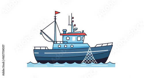 Stylized Fishing Boat Illustration with Net on Gentle Waves Ocean Nautical Theme Commercial Fishing Transport Watercraft Vessel