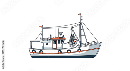 Detailed Cartoon Illustration of a Classic Commercial Fishing Trawler Vessel Isolated on White Backdrop