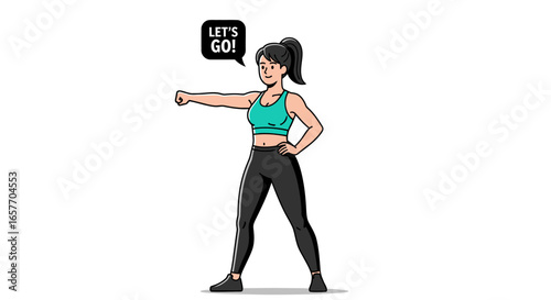 Animated fitness woman in dynamic pose delivering energetic workout with motivational call encouraging action and drive in health goals