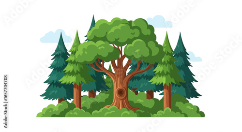 Cartoon woodland backdrop featuring a majestic oak and evergreen trees under a serene sky suitable for a childrens book