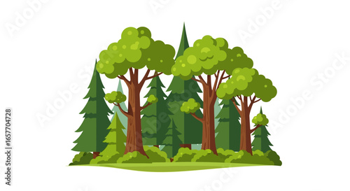Stylized forested area with varied tree types perfect for backgrounds, game assets or illustrations of nature scenes, offering a serene and idyllic